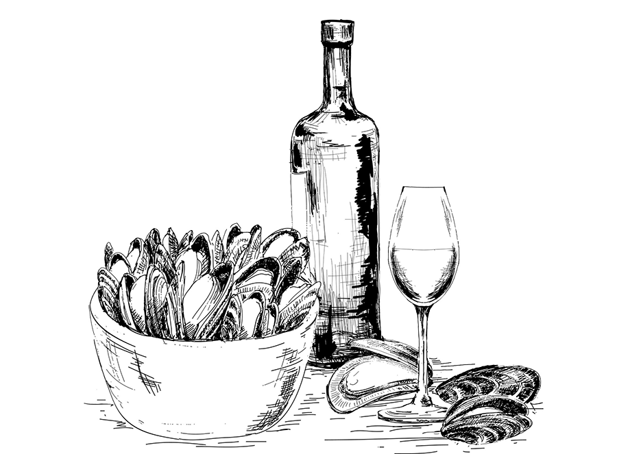 black and white ink drawing of mussels, wine bottle, and glass of wine