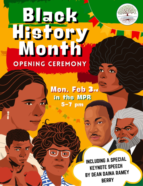 Flyer with illustration of black iconic people and information