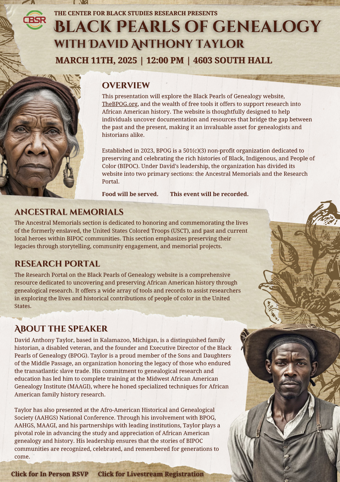 Flyer with illustration of a old black woman and info