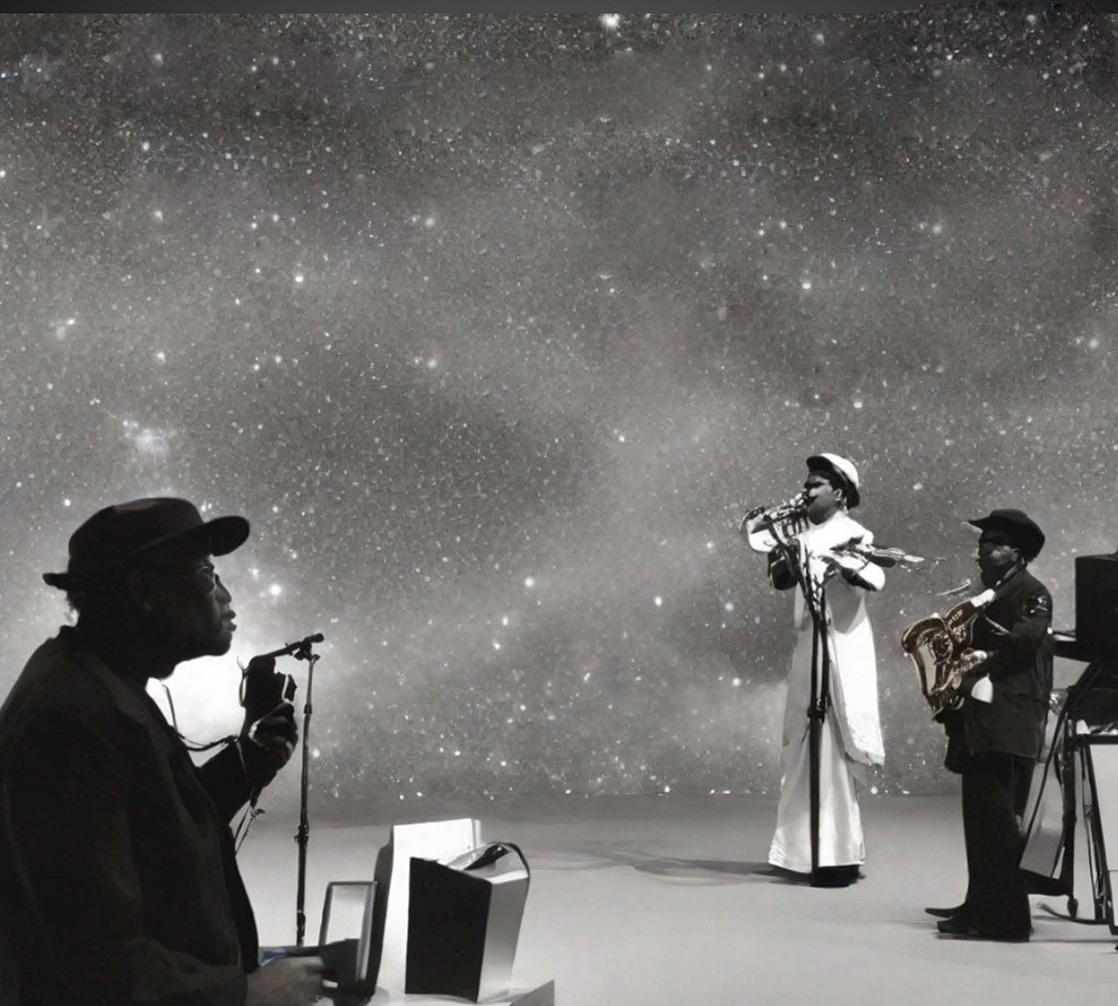 Black and white photo of musicians, one in foreground, left, two on the background, righ