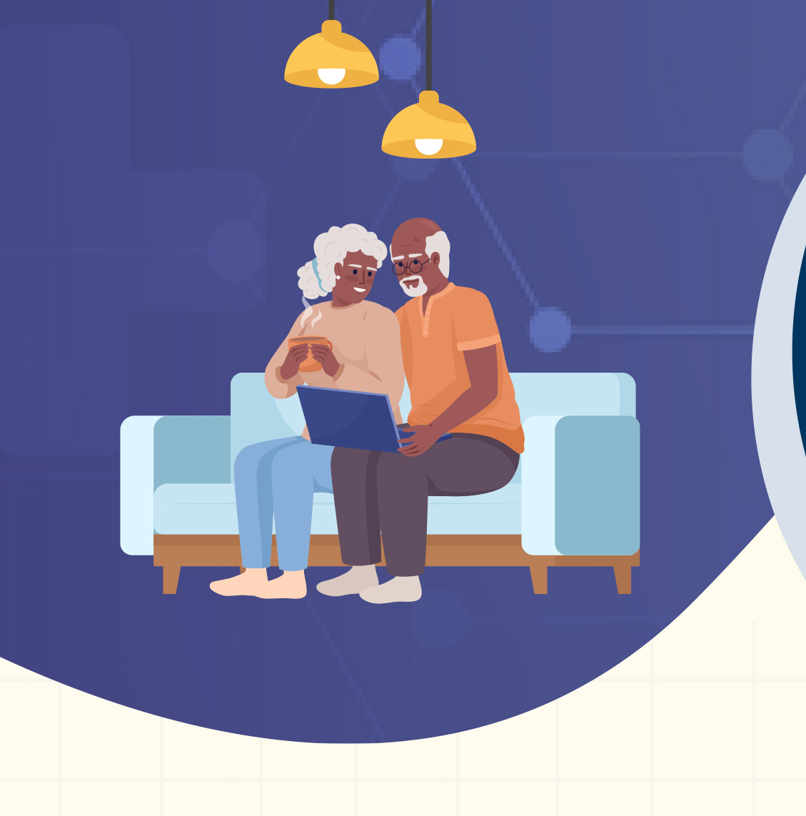 Illustration of an old couple (woman and man) sitting on a couch discussing in fron of laptop on their lap