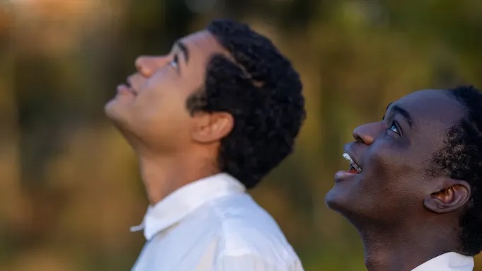 Face profiles of two blac boys looing up