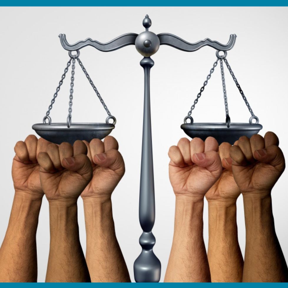 Justice scale plates, each held by three fists of differetn skin colors