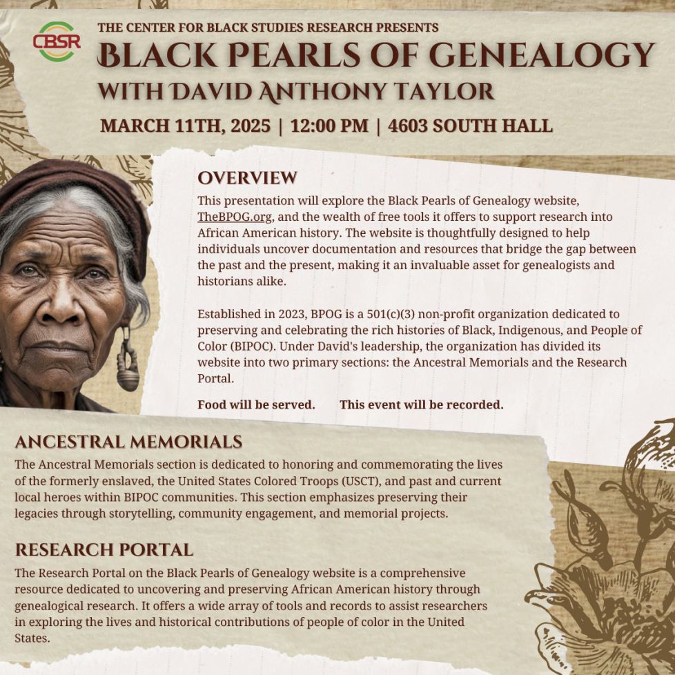 Flyer with illustration of a old black woman and info