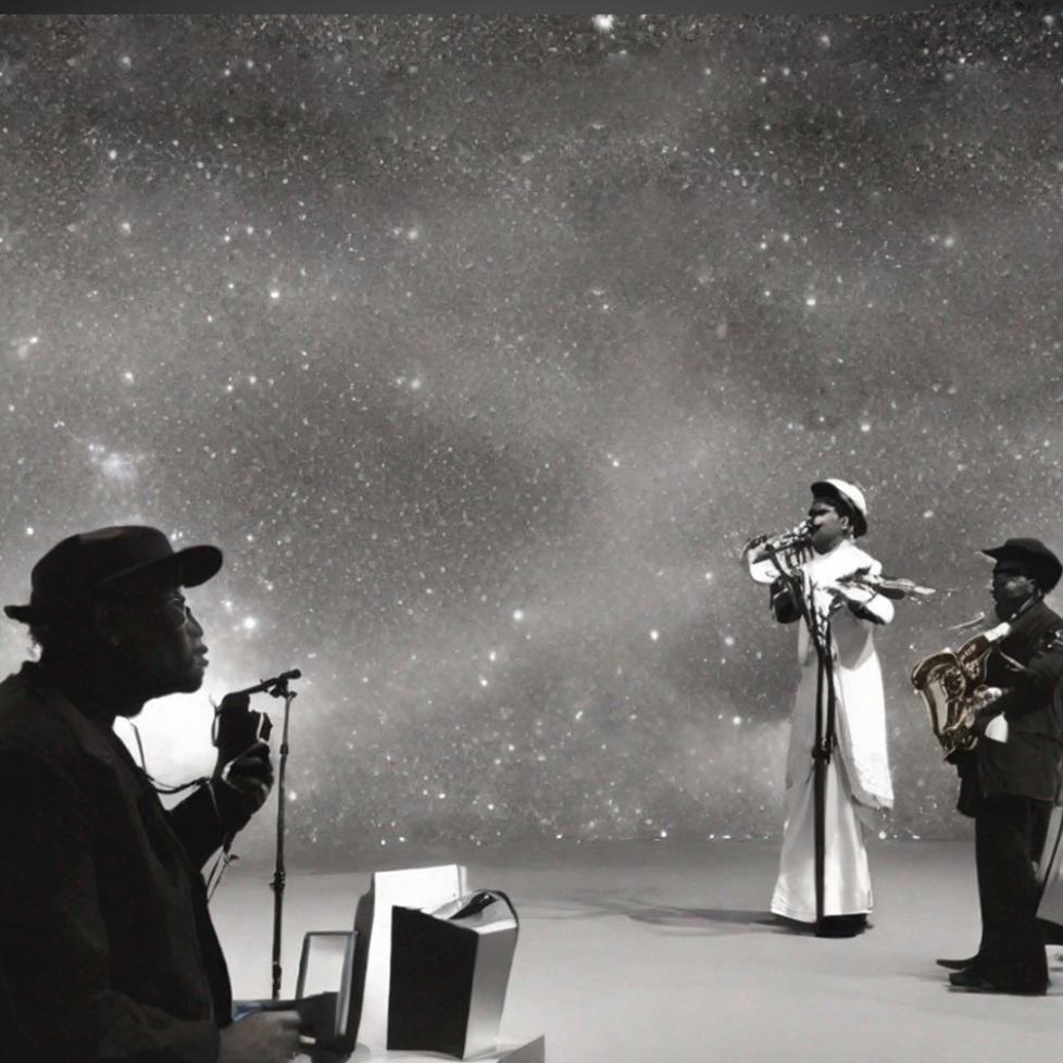 Black and white photo of musicians, one in foreground, left, two on the background, righ