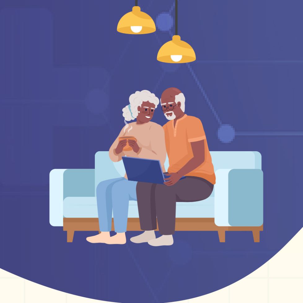 Illustration of an old couple (woman and man) sitting on a couch discussing in fron of laptop on their lap