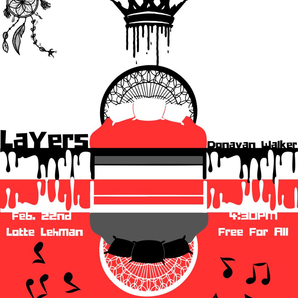 Poster of the event with illustration of native American dreamcatcher, and crown, with black, red, and white backgroung