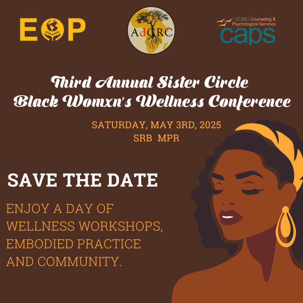 Save the date flyer showing info and illustration of young black woman face